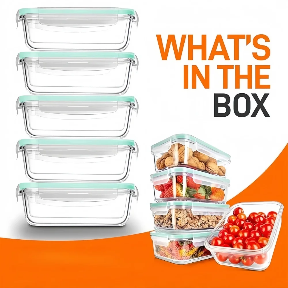 Meal Prep Glass Containers Oven Safe - Rectangular Borosilicate Glass Lunch Box Microwave